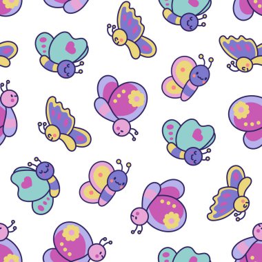 Gülümseyen kawaii kelebeği. Kusursuz desen. Tatlı çizgi film komik böcekler. El çizimi stili. Vektör çizimi. Tasarım süslemeleri.