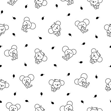 Şirin kawaii faresi. Kusursuz desen. Boyama sayfası. Çizgi film mutlu yavru fare karakterleri. El çizimi stili. Vektör çizimi. Tasarım süslemeleri.