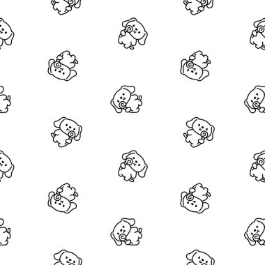 Şirin kawaii küçük köpeği. Kusursuz desen. Boyama sayfası. Evcil hayvan çizgi film karakteri. El çizimi stili. Vektör çizimi. Tasarım süslemeleri.