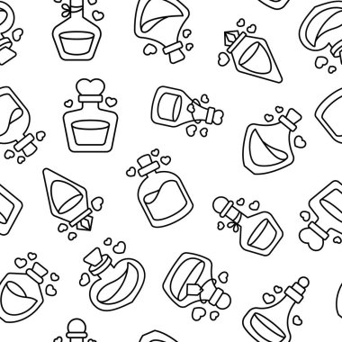 Aşk iksiri. Kusursuz desen. Boyama sayfası. Kalbi olan durdurulmuş cam ampul. Afrodizyak şişesi. Sevgililer Günü. El çizimi stili. Vektör çizimi. Tasarım süslemeleri.