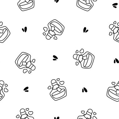 Aşk iksiri. Kusursuz desen. Boyama sayfası. Kalbi olan durdurulmuş cam ampul. Afrodizyak şişesi. Sevgililer Günü. El çizimi stili. Vektör çizimi. Tasarım süslemeleri.