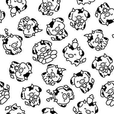 Şirin kawaii bebek inek. Kusursuz desen. Boyama sayfası. Farklı pozlarda çizgi filmlerdeki çiftlik hayvanı karakteri. El çizimi stili. Vektör çizimi. Tasarım süslemeleri.