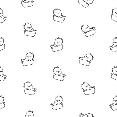 Şirin kawaii bebek ejderhası. Kusursuz desen. Boyama sayfası. Küçük komik dinozor çizgi film karakteri. El çizimi stili. Vektör çizimi. Tasarım süslemeleri.