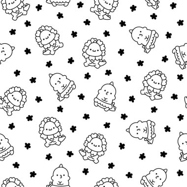 Şirin kawaii bebek ejderhası. Kusursuz desen. Boyama sayfası. Küçük komik dinozor çizgi film karakteri. El çizimi stili. Vektör çizimi. Tasarım süslemeleri.