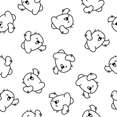 Komik kaktüs. Kusursuz desen. Boyama sayfası. Sevimli gülümseyen çizgi film karakterleri. El çizimi stili. Vektör çizimi. Tasarım süslemeleri.