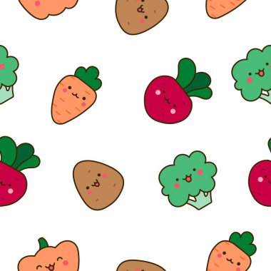 Kawaii çizgi film karakterleri. Kusursuz desen. Şirin hayvanlar, doğa, sebzeler, meyveler, çiçekler. El çizimi stili. Vektör çizimi. Tasarım süslemeleri.
