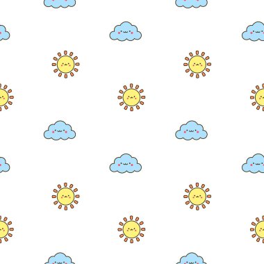 Kawaii çizgi film karakterleri. Kusursuz desen. Şirin hayvanlar, doğa, sebzeler, meyveler, çiçekler. El çizimi stili. Vektör çizimi. Tasarım süslemeleri.