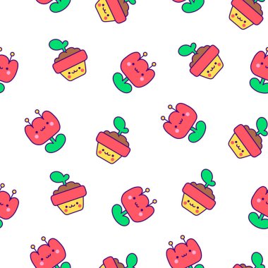 Çizgi film sevimli mutlu kawaii karakterleri. Kusursuz desen. Yaşam tarzı. El çizimi stili. Vektör çizimi. Tasarım süslemeleri.