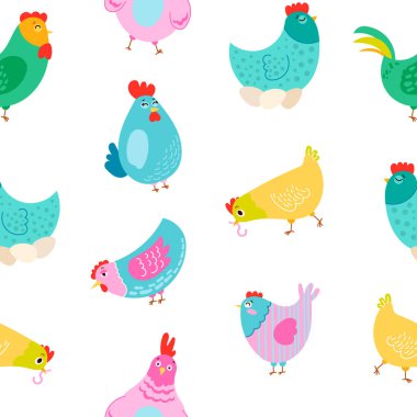 Tavuk horozu ve piliç. Kusursuz desen. Sevimli tavuk çiftliği karakterleri. Vektör çizimi. Tasarım süslemeleri.