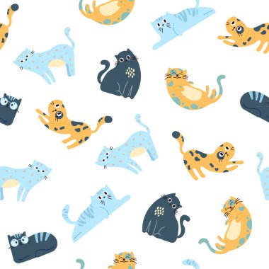 Sevimli komik kedi. Kusursuz desen. Kedi karakteri çizgi filmi. Vektör çizimi. Tasarım süslemeleri.