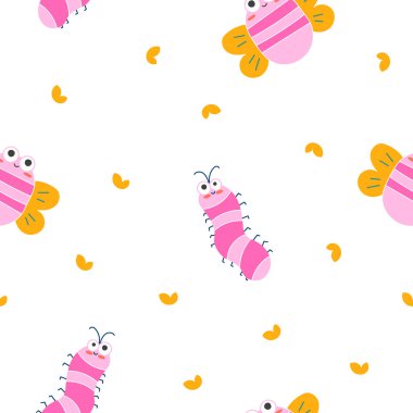 Sevimli böcek çizgi film karakterleri. Kusursuz desen. Komik küçük hayvanlar. Vektör çizimi. Tasarım süslemeleri.