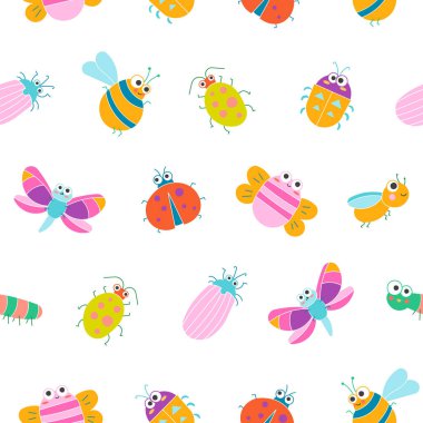 Sevimli böcek çizgi film karakterleri. Kusursuz desen. Komik küçük hayvanlar. Vektör çizimi. Tasarım süslemeleri.