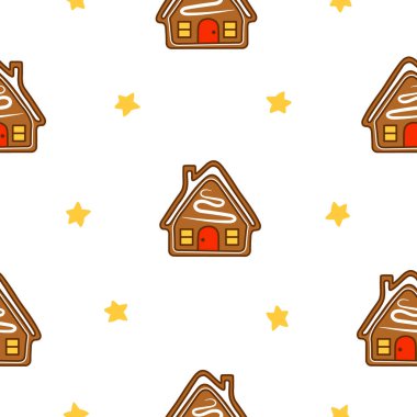 Zencefilli kek Noel evi şekerlerle süslenmiş. Kusursuz desen. Tatlı kurabiye. El çizimi stili. Vektör çizimi. Tasarım süslemeleri.