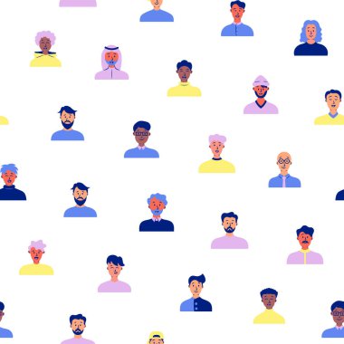 Erkekler avatarları. Kusursuz desen. Farklı saç stilleri ve kıyafetleri olan sıradan bir erkek portresi. Kullanıcı profilleri. El çizimi stili. Vektör çizimi. Tasarım süslemeleri.