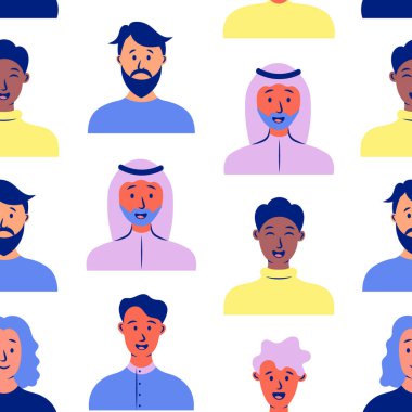 Erkekler avatarları. Kusursuz desen. Farklı saç stilleri ve kıyafetleri olan sıradan bir erkek portresi. Kullanıcı profilleri. El çizimi stili. Vektör çizimi. Tasarım süslemeleri.