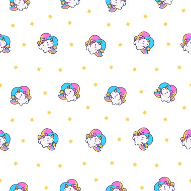 Şirin kawaii küçük tek boynuzlu at. Kusursuz desen. Peri masalı mutlu midilli karakterleri. El çizimi stili. Vektör çizimi. Tasarım süslemeleri.