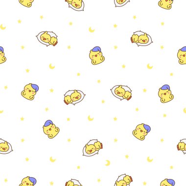 Şirin kawaii civcivi. Kusursuz desen. Çizgi film yavru çiftlik kuşları karakterleri. El çizimi stili. Vektör çizimi. Tasarım süslemeleri.