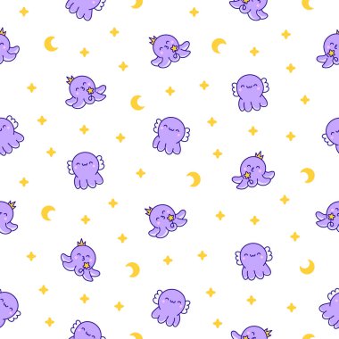 Cute kawaii happy octopus. Seamless pattern. Cartoon underwater animals characters. Hand drawn style. Vector drawing. Design ornaments. clipart