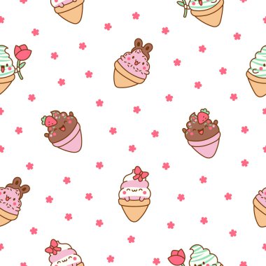 Tatlı kawaii dondurma karakterleri. Kusursuz desen. Gülen tatlı tatlı çizgi film. El çizimi stili. Vektör çizimi. Tasarım süslemeleri.