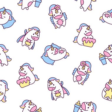 Şirin kawaii mutlu tek boynuzlu at. Kusursuz desen. Çizgi film komik fantezi at karakterleri. El çizimi stili. Vektör çizimi. Tasarım süslemeleri.