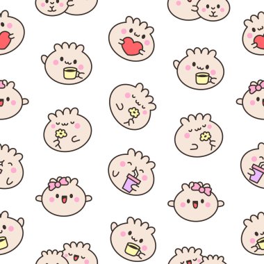 Şirin kawaii gülümsüyor. Kusursuz desen. Mutlu çizgi film karakteri. Asya Çin yemeği menüsü. El çizimi stili. Vektör çizimi. Tasarım süslemeleri.