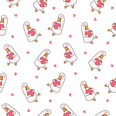 Komik çiftlik ördeği karakterleri. Kusursuz desen. Şirin çizgi film kawaii kaz. El çizimi stili. Vektör çizimi. Tasarım süslemeleri.