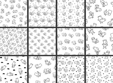 Şirin, mutlu çorap çizgi film karakteri. Kusursuz desen. Boyama sayfası. Moda yün iç çamaşırı, tekstil aksesuarları. El çizimi stili. Vektör çizimi. Tasarım süslemeleri koleksiyonu.