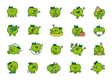 Neşeli elma karakteri. Tatlı çizgi film meyvesi. El çizimi stili. Vektör çizimi. Tasarım elementlerinin koleksiyonu.