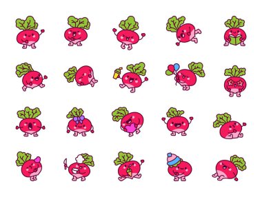 Turp çizgi film karakteri. Sevimli komik sebze. El çizimi stili. Vektör çizimi. Tasarım elementlerinin koleksiyonu.