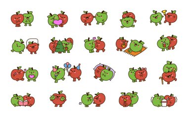 Birkaç komik elma arkadaşı. Tatlı çizgi film yemekleri. El çizimi stili. Vektör çizimi. Tasarım elementlerinin koleksiyonu.