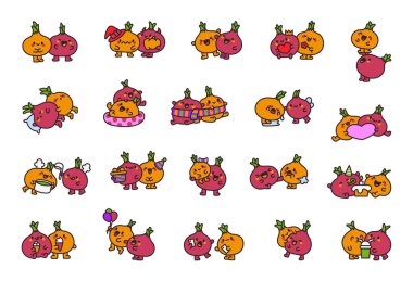 Komik bir çift soğan. Sevimli sevimli karakterler. El çizimi stili. Vektör çizimi. Tasarım elementlerinin koleksiyonu.