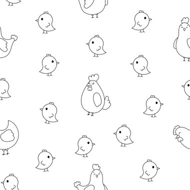 Tavuk horozu ve piliç. Kusursuz desen. Boyama sayfası. Sevimli tavuk çiftliği karakterleri. Vektör çizimi. Tasarım süslemeleri.