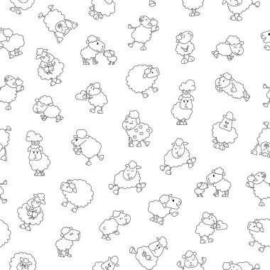 Koyun karakteri çizgi filmi. Kusursuz desen. Boyama sayfası. Şirin çiftlik hayvanı. Çiçek, ot ve bitki. Vektör çizimi. Tasarım süslemeleri.