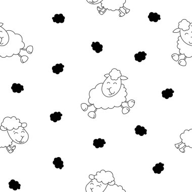 Koyun karakteri çizgi filmi. Kusursuz desen. Boyama sayfası. Şirin çiftlik hayvanı. Çiçek, ot ve bitki. Vektör çizimi. Tasarım süslemeleri.
