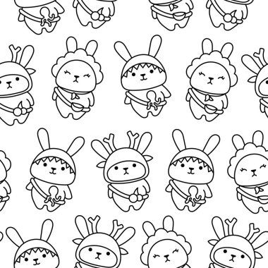 Çantalı sevimli kawaii tavşanı. Kusursuz desen. Boyama sayfası. Çizgi film karakteri. Komik tavşan. El çizimi stili. Vektör çizimi. Tasarım süslemeleri.