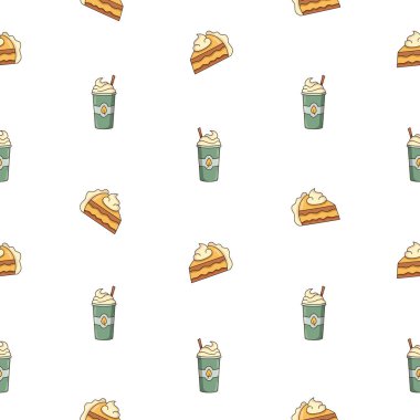 Sonbahar objesi mantar fincanı kahve yaprağı meşe palamudu kavanozu kek kabağı ekose. Kusursuz desen. Yılın mevsimi. Vektör çizimi. Tasarım süslemeleri.