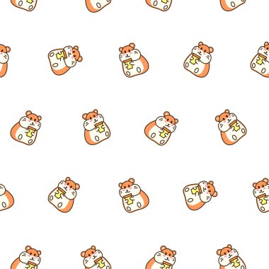 Şirin kawaii hamster. Kusursuz desen. Çizgi film komik hayvan karakteri. El çizimi stili. Vektör çizimi. Tasarım süslemeleri.