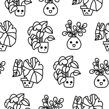 Şirin kawaii saksısı. Kusursuz desen. Boyama sayfası. Ev bitkileri karakteri. El çizimi stili. Vektör çizimi. Tasarım süslemeleri.