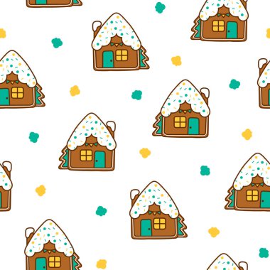 Zencefilli kek Noel evi şekerlerle süslenmiş. Kusursuz desen. Tatlı kurabiye. El çizimi stili. Vektör çizimi. Tasarım süslemeleri.