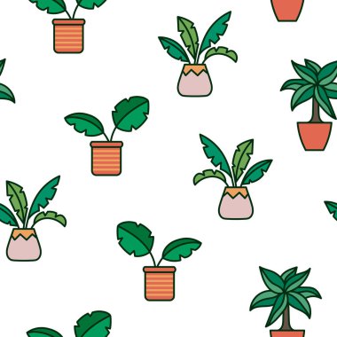 Saksıda ev bitkileri. Kusursuz desen. Ev bitkileri. Yapraklı ve saplı kapalı alan çiçekleri. El çizimi stili. Vektör çizimi. Tasarım süslemeleri.