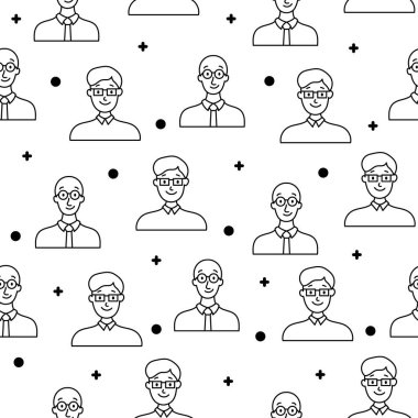 Erkekler avatarları. Kusursuz desen. Boyama sayfası. Farklı saç stilleri ve kıyafetleri olan sıradan bir erkek portresi. Kullanıcı profilleri. El çizimi stili. Vektör çizimi. Tasarım süslemeleri.