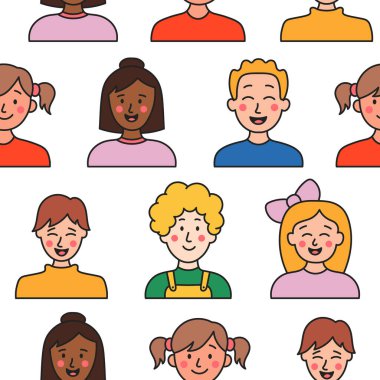 Çocuklar farklı kullanıcı profili. Kusursuz desen. Güzel kız ve erkek. Gençler. Vektör çizimi. Tasarım süslemeleri.