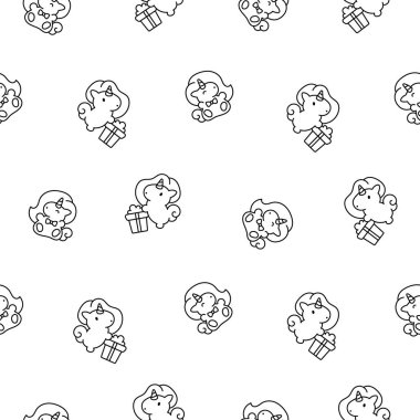 Şirin kawaii küçük tek boynuzlu at. Kusursuz desen. Boyama sayfası. Peri masalı mutlu midilli karakterleri. El çizimi stili. Vektör çizimi. Tasarım süslemeleri.