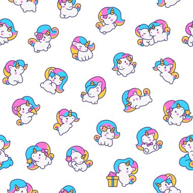 Şirin kawaii küçük tek boynuzlu at. Kusursuz desen. Peri masalı mutlu midilli karakterleri. El çizimi stili. Vektör çizimi. Tasarım süslemeleri.