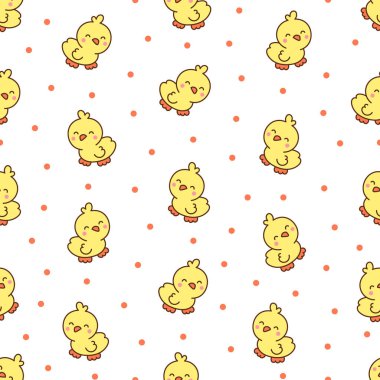 Şirin kawaii civcivi. Kusursuz desen. Çizgi film yavru çiftlik kuşları karakterleri. El çizimi stili. Vektör çizimi. Tasarım süslemeleri.