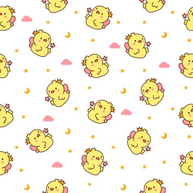 Şirin kawaii civcivi. Kusursuz desen. Çizgi film yavru çiftlik kuşları karakterleri. El çizimi stili. Vektör çizimi. Tasarım süslemeleri.