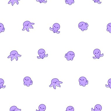 Şirin kawaii mutlu ahtapot. Kusursuz desen. Çizgi film sualtı hayvanları karakterleri. El çizimi stili. Vektör çizimi. Tasarım süslemeleri.