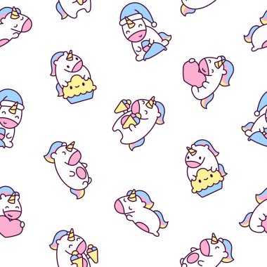 Şirin kawaii mutlu tek boynuzlu at. Kusursuz desen. Çizgi film komik fantezi at karakterleri. El çizimi stili. Vektör çizimi. Tasarım süslemeleri.