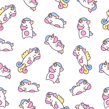 Şirin kawaii mutlu tek boynuzlu at. Kusursuz desen. Çizgi film komik fantezi at karakterleri. El çizimi stili. Vektör çizimi. Tasarım süslemeleri.