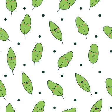 Komik kawaii yaprağı çizgi film karakteri. Kusursuz desen. Şirin doğa bitkisi. El çizimi stili. Vektör çizimi. Tasarım süslemeleri.